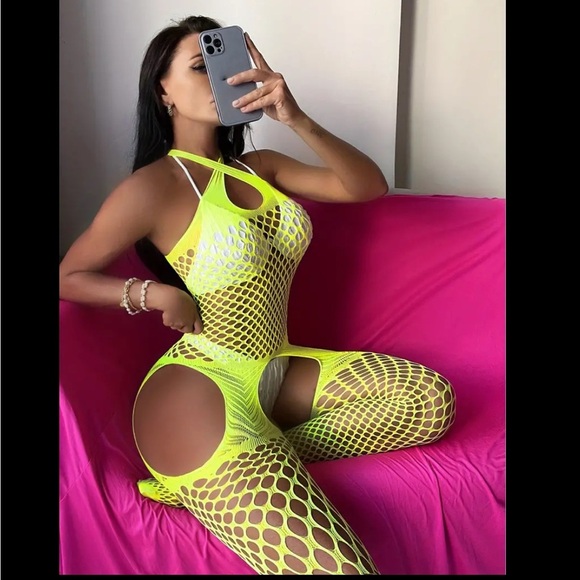 Neon Yellow Hollow Out Netted Sleeveless Fishnet Bodysuit - Picture 3 of 7